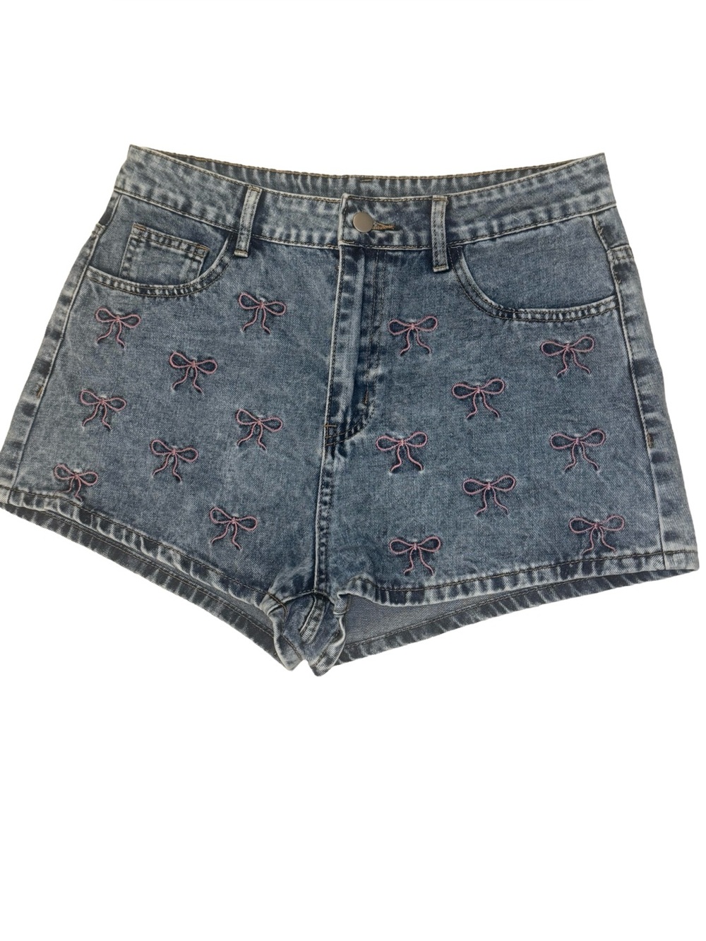 Acid Wash Denim Shorts Pink Bow Embroidered High Waist Coquette Y2K Size 30 NWT